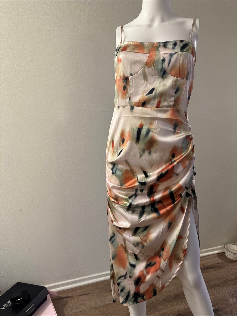 Sleeveless Abstract Watercolor Midi Dress - Peach Multi